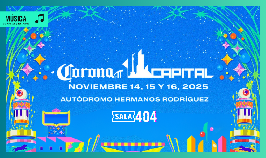 Escenario principal del Corona Capital lleno de luces, público eufórico y ambiente festivo al atardecer en el Autódromo Hermanos Rodríguez.