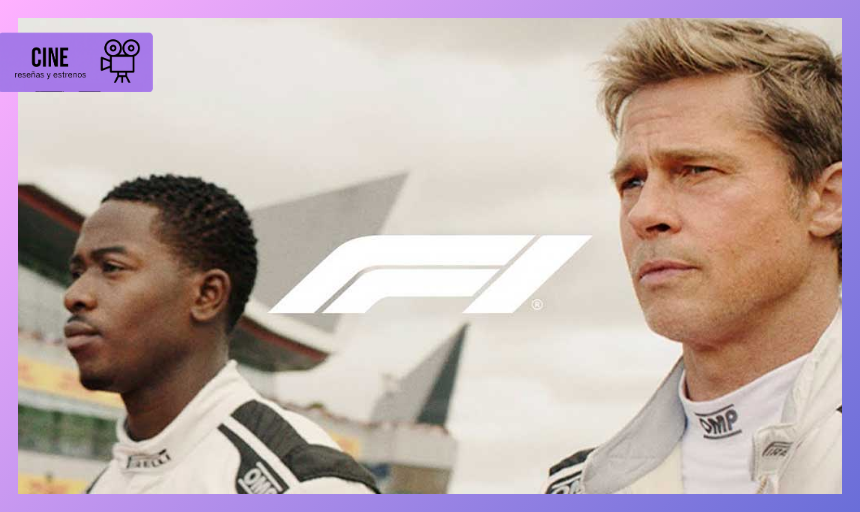 Brad Pitt caracterizado como piloto de Fórmula 1 en el set de la película F1, rodeado de monoplazas reales y cámaras de cine.