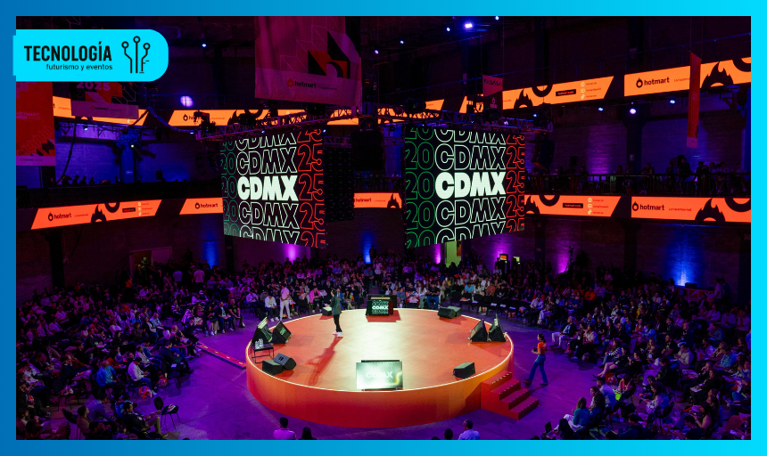 Vista general del escenario principal de Hotmart FIRE Sessions México 2025 en Quarry Studios, con público rodeando una plataforma redonda iluminada, pantallas LED mostrando el logo del evento y luces de ambiente en tonos morados y naranjas.