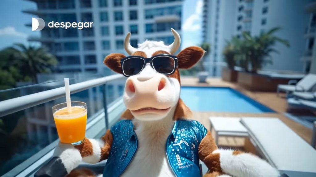 Ilustración generada con IA que muestra a cuatro vacas con atuendos de viajero —mochila, laptop, flotador y maleta— posando frente a la fachada de un hotel moderno con el logo de Despega