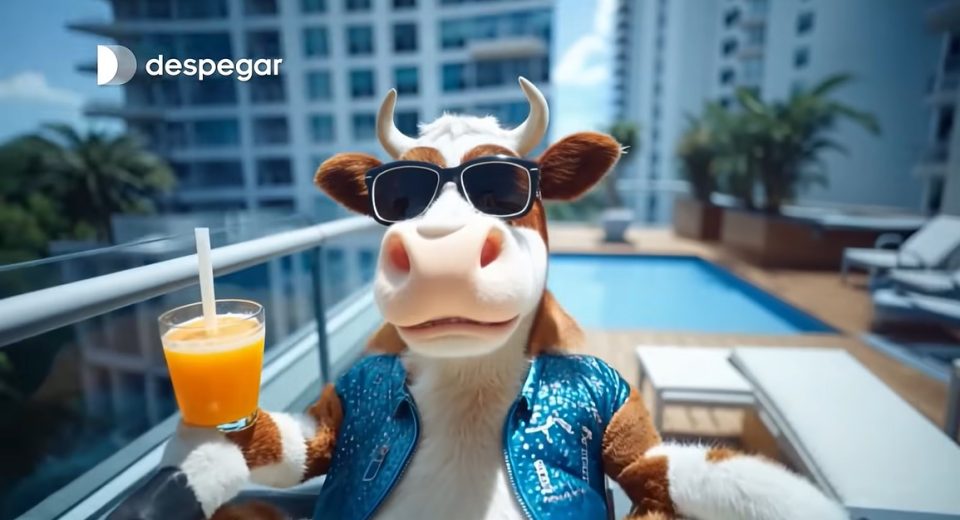 Ilustración generada con IA que muestra a cuatro vacas con atuendos de viajero —mochila, laptop, flotador y maleta— posando frente a la fachada de un hotel moderno con el logo de Despega