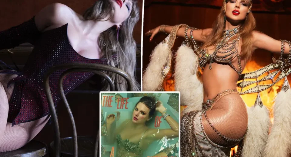 Taylor Swift flota serenamente bajo el agua vistiendo un traje de baño con joyas. El título del álbum, 'The Life of a Showgirl', aparece arriba en una tipografía naranja brillante.