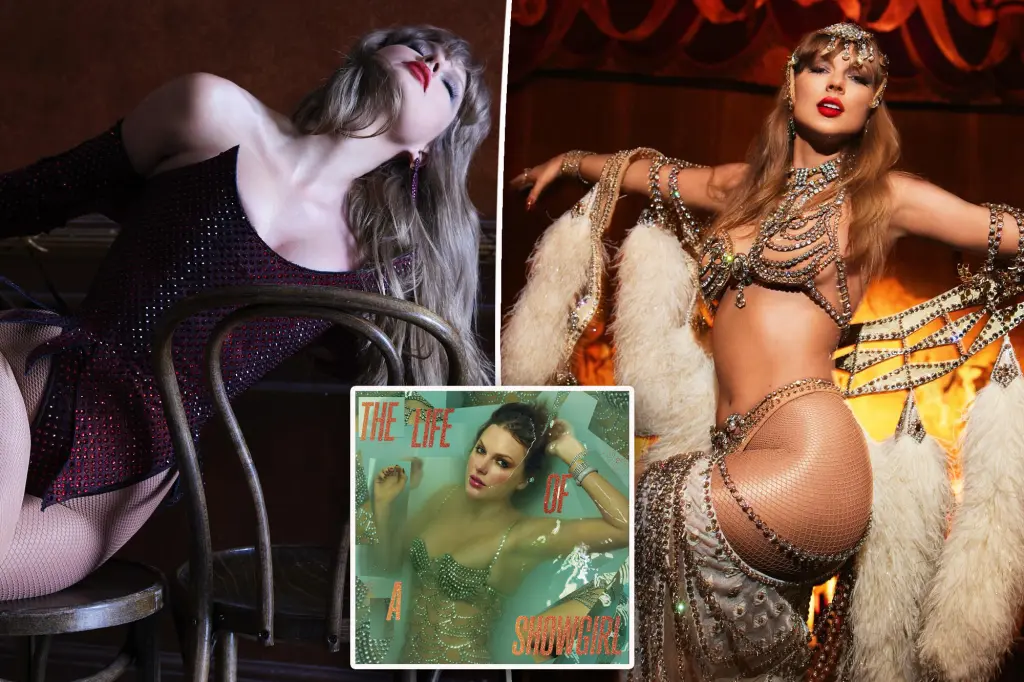 Taylor Swift flota serenamente bajo el agua vistiendo un traje de baño con joyas. El título del álbum, 'The Life of a Showgirl', aparece arriba en una tipografía naranja brillante.