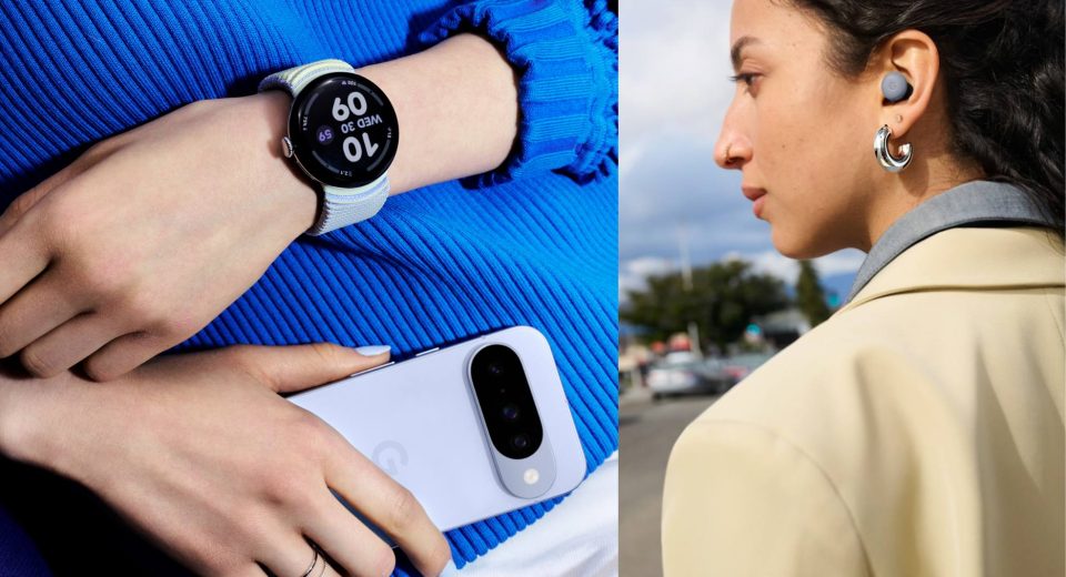 El ecosistema de productos de Google: un Google Pixel 10 Pro, un Google Pixel Watch 4 y unos Google Pixel Buds Pro 2.