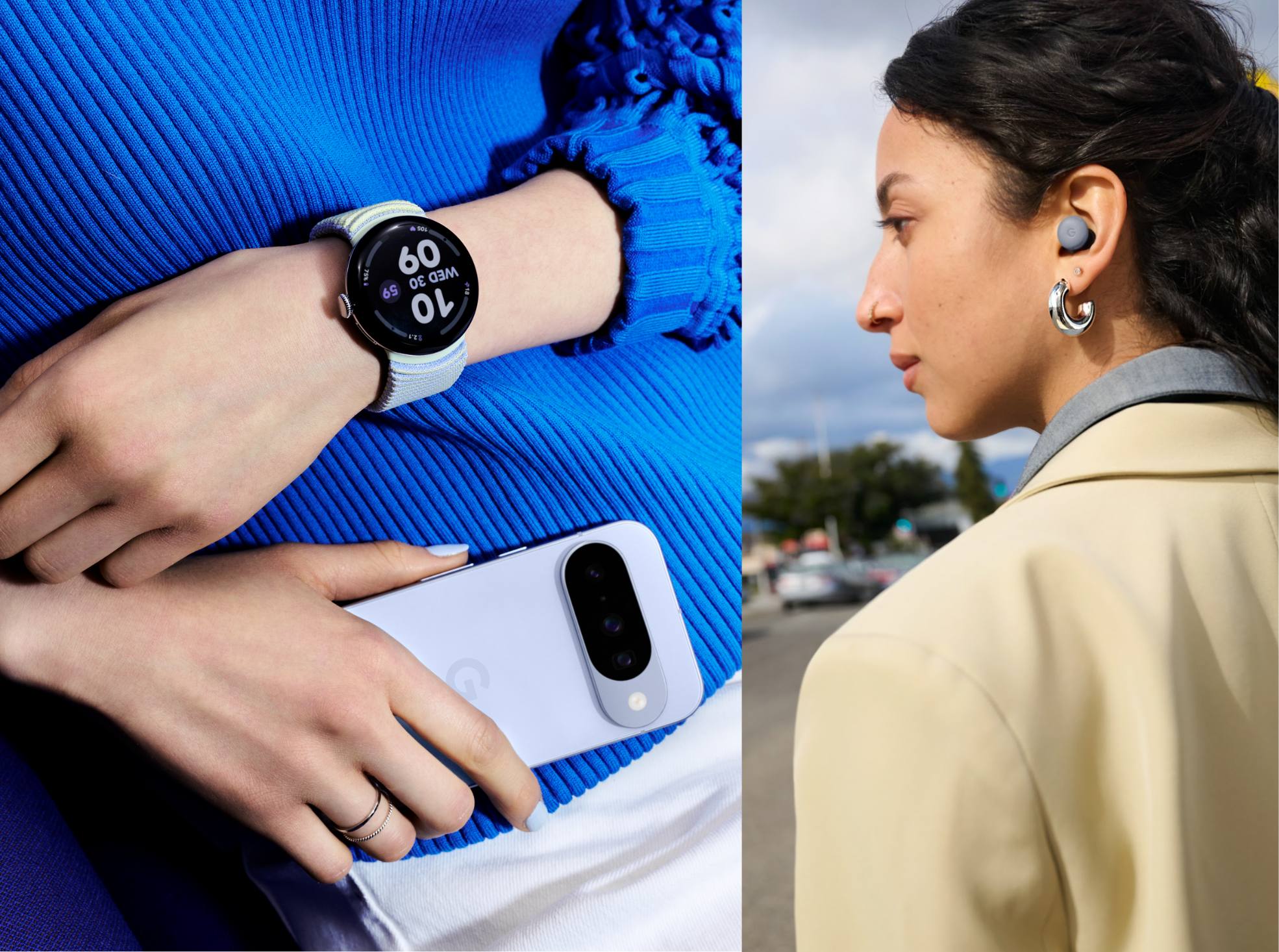 El ecosistema de productos de Google: un Google Pixel 10 Pro, un Google Pixel Watch 4 y unos Google Pixel Buds Pro 2.