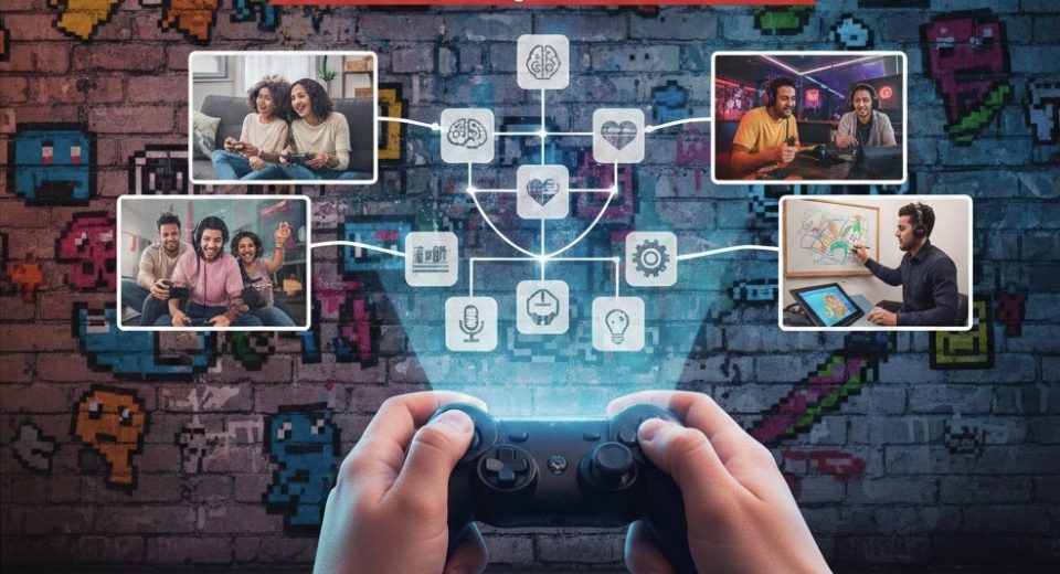 Manos sosteniendo un control de consola frente a una pared de ladrillos con gráficos de pixel art. Un diagrama superpuesto muestra cómo el control se conecta a íconos que representan beneficios como creatividad, salud mental y conexión social, ilustrados con fotos de gente jugando en familia, en pareja y un profesional usando una tableta de diseño. El texto destaca: "¡NO ES SÓLO VICIAR! Los videojuegos son BRUTALES para tu mente y tu vida social"