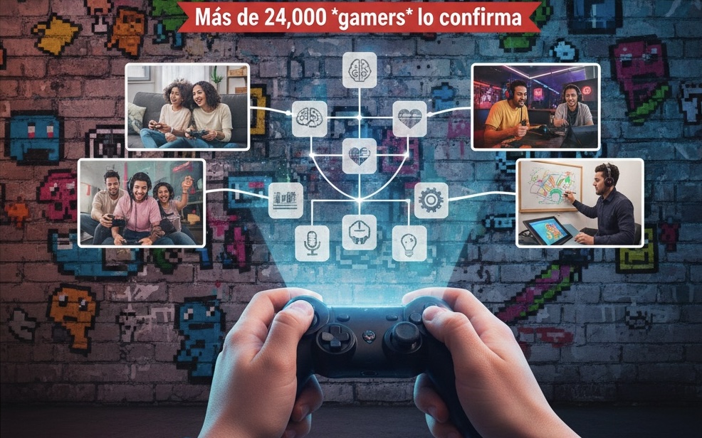 Manos sosteniendo un control de consola frente a una pared de ladrillos con gráficos de pixel art. Un diagrama superpuesto muestra cómo el control se conecta a íconos que representan beneficios como creatividad, salud mental y conexión social, ilustrados con fotos de gente jugando en familia, en pareja y un profesional usando una tableta de diseño. El texto destaca: "¡NO ES SÓLO VICIAR! Los videojuegos son BRUTALES para tu mente y tu vida social"