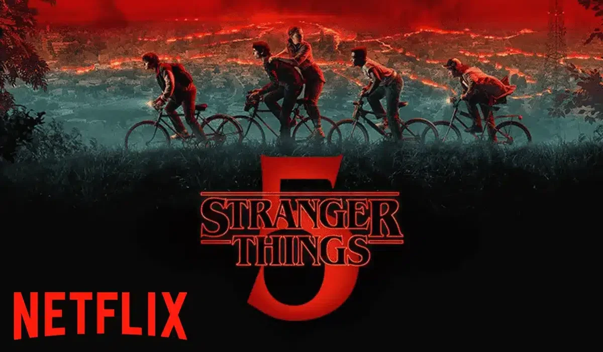 Un cartel o imagen promocional de la temporada final de Stranger Things 5, mostrando a los personajes principales (Eleven, Mike, Dustin, Lucas, Max, Will, Hopper y Joyce) con expresiones serias, enfrentándose a un fondo ominoso y oscuro del Upside Down que se fusiona con la ciudad de Hawkins.