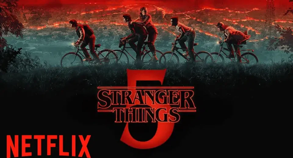 Un cartel o imagen promocional de la temporada final de Stranger Things 5, mostrando a los personajes principales (Eleven, Mike, Dustin, Lucas, Max, Will, Hopper y Joyce) con expresiones serias, enfrentándose a un fondo ominoso y oscuro del Upside Down que se fusiona con la ciudad de Hawkins.