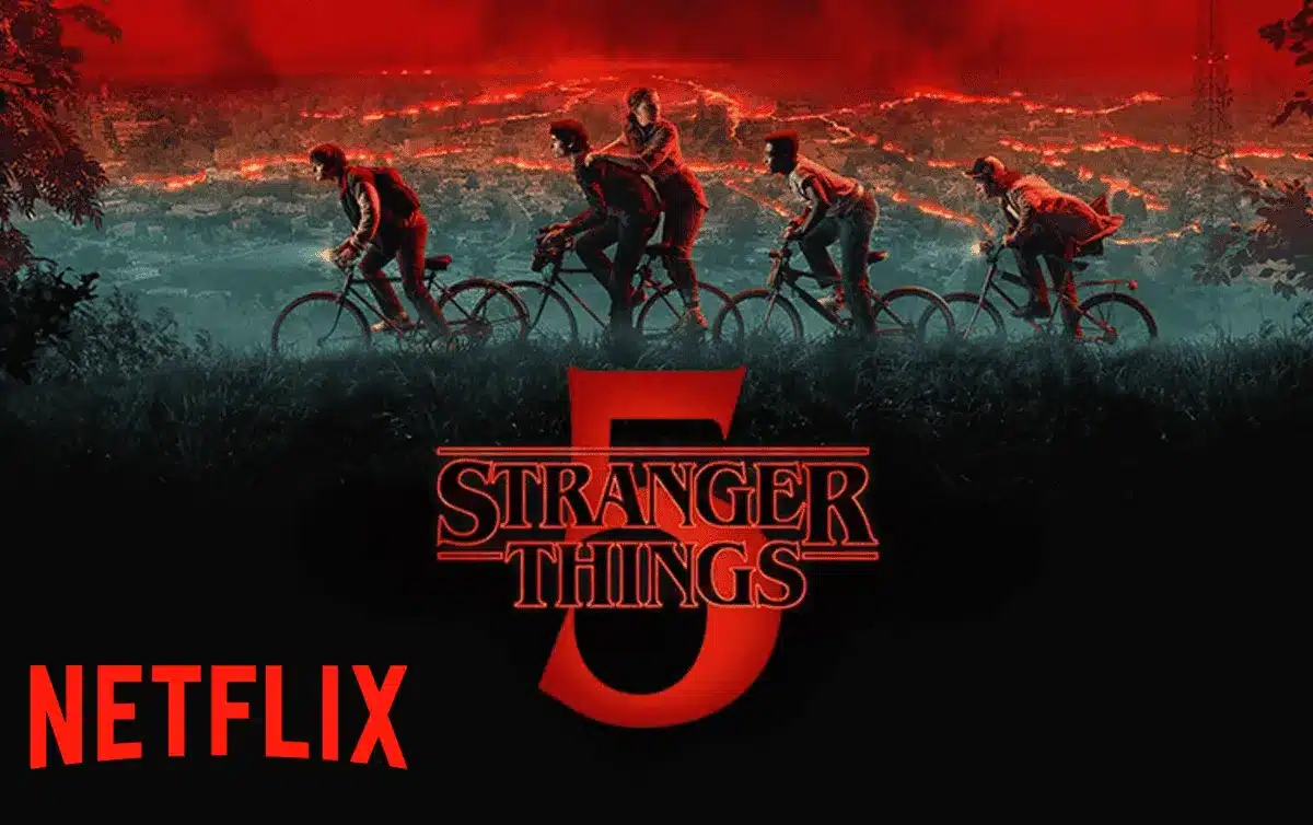Un cartel o imagen promocional de la temporada final de Stranger Things 5, mostrando a los personajes principales (Eleven, Mike, Dustin, Lucas, Max, Will, Hopper y Joyce) con expresiones serias, enfrentándose a un fondo ominoso y oscuro del Upside Down que se fusiona con la ciudad de Hawkins.