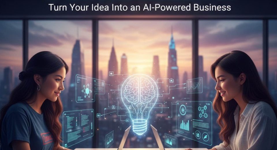 Dos mujeres jóvenes trabajando juntas en laptops frente a la ventana de una oficina con un horizonte urbano al atardecer. Entre ellas, una bombilla iluminada con un cerebro de circuito digital en su interior, simbolizando la idea de un negocio impulsado por Inteligencia Artificial (AI Ventures Accelerator). En la parte superior, el título del programa y los logos de Technovation y Generation Unlimited.