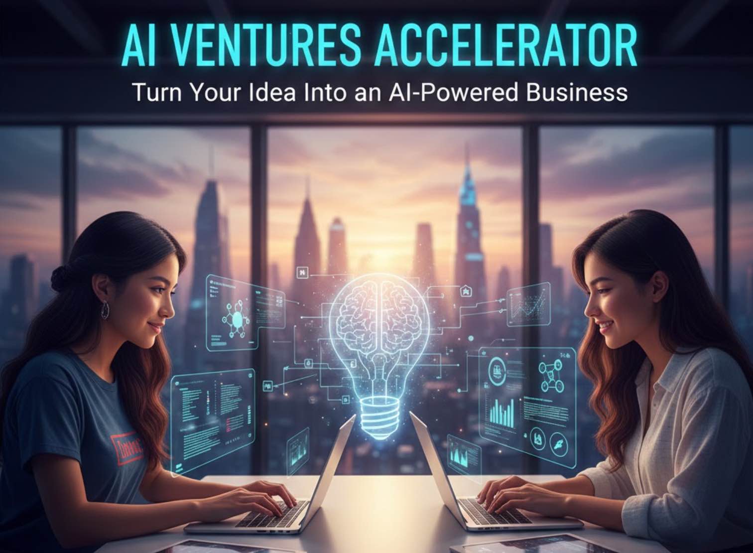 Dos mujeres jóvenes trabajando juntas en laptops frente a la ventana de una oficina con un horizonte urbano al atardecer. Entre ellas, una bombilla iluminada con un cerebro de circuito digital en su interior, simbolizando la idea de un negocio impulsado por Inteligencia Artificial (AI Ventures Accelerator). En la parte superior, el título del programa y los logos de Technovation y Generation Unlimited.