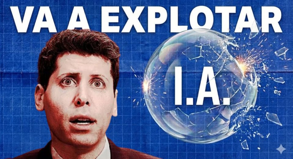 burbuja financiera digital a punto de romperse, con un robot asustado dentro, simbolizando la crisis de la Inteligencia Artificial. Etiqueta de Cultura Geek en la esquina.