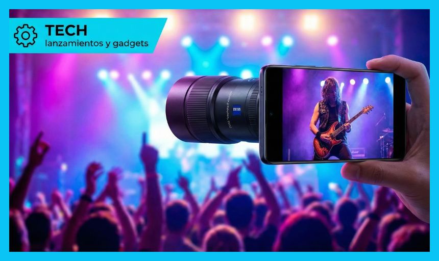 Smartphone vivo X300 Pro con lente extensor ZEISS tomando una foto con zoom en un concierto con luces neón, estilo blog Sala 404.