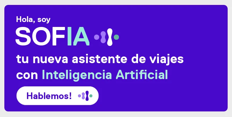 Representación digital de SOFIA, la asistente virtual de IA de Despegar, en un entorno tecnológico y futurista.