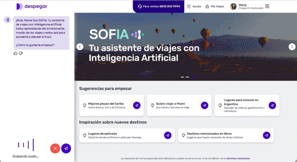 Una interfaz holográfica moderna que simboliza la inteligencia artificial en un centro de atención al cliente de alta tecnología, con elementos visuales que sugieren comunicación por voz y viajes.