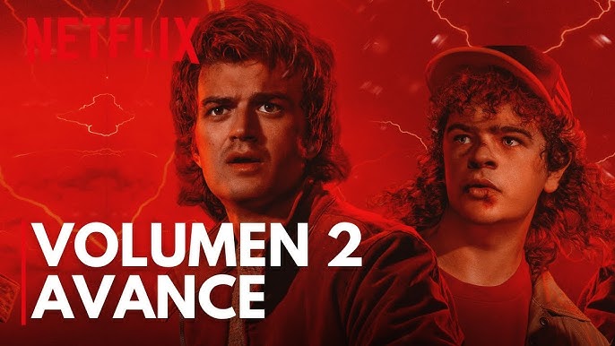 Banner horizontal vibrante que muestra a los protagonistas de Stranger Things 5 en una pose heroica frente a una amenaza sobrenatural roja.
