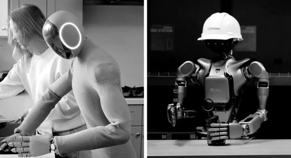 Robot humanoide futurista estrechando la mano de una persona en el CES 2026 con luces neón de fondo