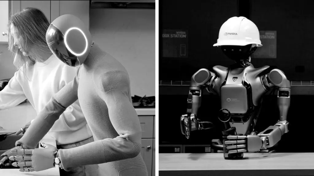 Robot humanoide futurista estrechando la mano de una persona en el CES 2026 con luces neón de fondo