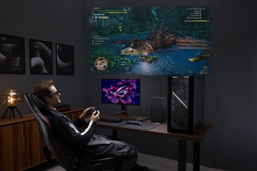Usuario utilizando las gafas ROG XREAL R1 proyectando una pantalla gigante de gaming.