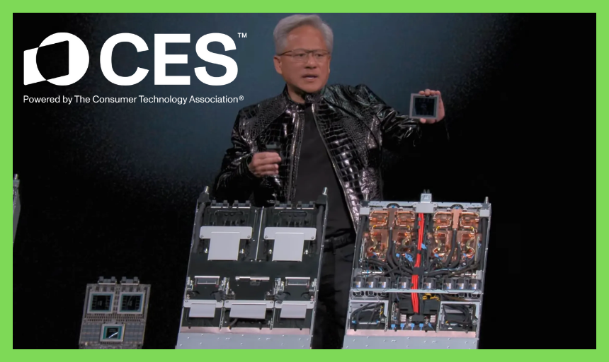 Jensen Huang de NVIDIA presentando la arquitectura Vera Rubin en el escenario de CES 2026, rodeado de gráficos de chips y el nuevo Mercedes-Benz CLA. Descripción: Una composición horizontal dinámica que muestra al CEO de NVIDIA, Jensen Huang, destacando el chip Vera Rubin a la izquierda y el coche autónomo Alpamayo a la derecha, con un fondo de luces neón estilo cyberpunk.