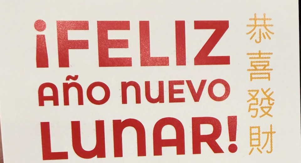 Ilustración festiva de un panda celebrando el Año Nuevo del Caballo con comida china y decoraciones rojas.