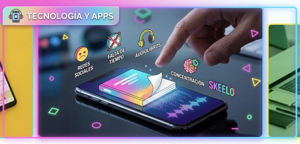 Una mano interactuando con un smartphone que muestra iconos flotantes de 'REDES SOCIALES', 'FALTA DE TIEMPO', 'AUDIOLIBROS' y 'SKEELO'. El smartphone muestra una transformación visual de un libro físico a datos y audio. La imagen tiene un borde de neón rosa y azul con la sección "TECNOLOGÍA Y APP