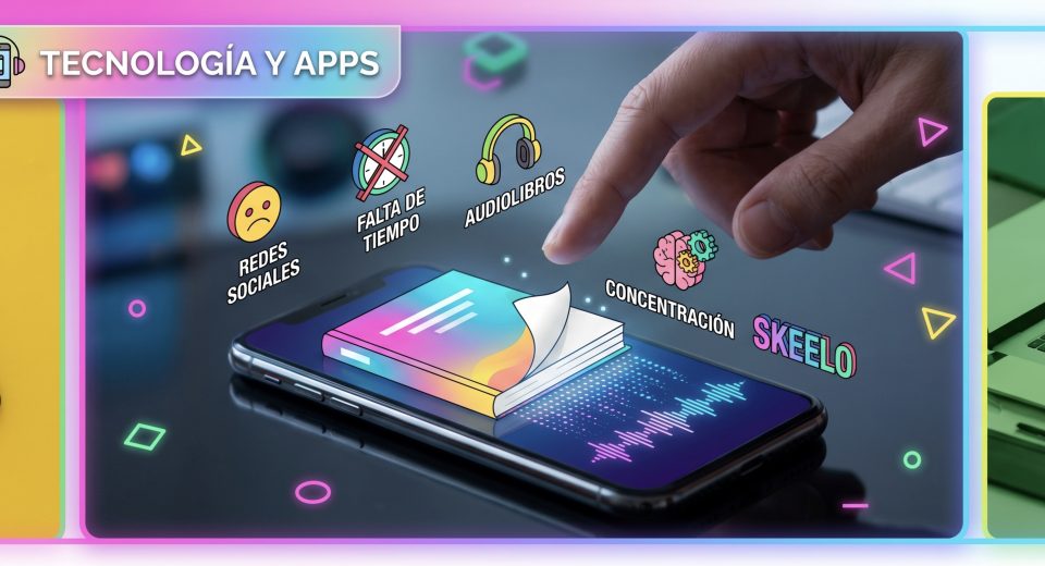 Una mano interactuando con un smartphone que muestra iconos flotantes de 'REDES SOCIALES', 'FALTA DE TIEMPO', 'AUDIOLIBROS' y 'SKEELO'. El smartphone muestra una transformación visual de un libro físico a datos y audio. La imagen tiene un borde de neón rosa y azul con la sección "TECNOLOGÍA Y APP