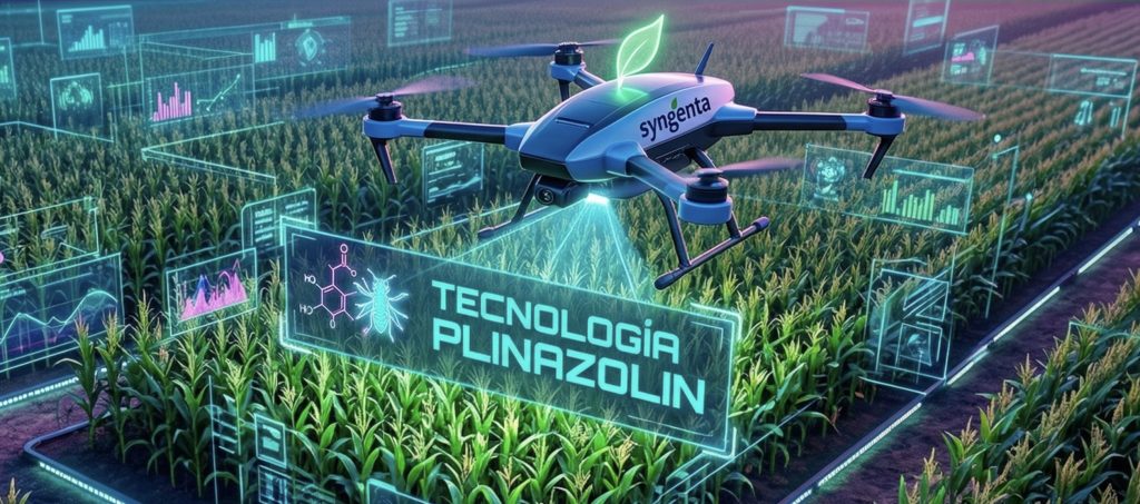 Una fotografía de estilo cyberpunk-agrícola rodeada por un marco con degradado de colores vivos (morado a verde). En la esquina superior izquierda resalta una etiqueta o badge rosa vibrante con la palabra "TECNOLOGÍA" y un ícono alusivo al tema. El fondo muestra un cultivo sano intervenido visualmente con gráficos digitales futuristas, incluyendo un dron de Syngenta y la visualización de la tecnología PLINAZOLIN.