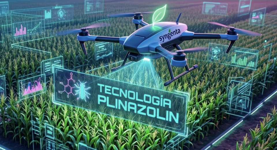 Una fotografía de estilo cyberpunk-agrícola rodeada por un marco con degradado de colores vivos (morado a verde). En la esquina superior izquierda resalta una etiqueta o badge rosa vibrante con la palabra "TECNOLOGÍA" y un ícono alusivo al tema. El fondo muestra un cultivo sano intervenido visualmente con gráficos digitales futuristas, incluyendo un dron de Syngenta y la visualización de la tecnología PLINAZOLIN.
