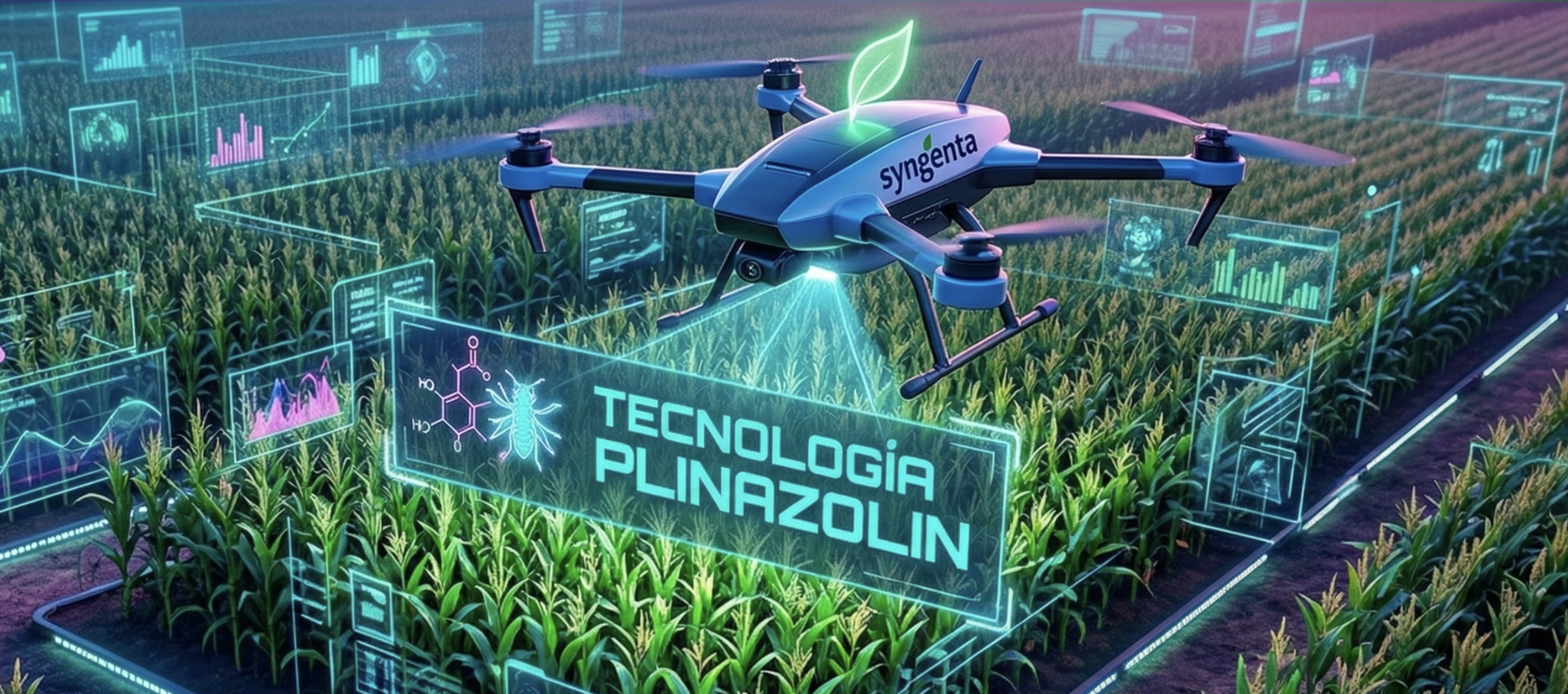 Una fotografía de estilo cyberpunk-agrícola rodeada por un marco con degradado de colores vivos (morado a verde). En la esquina superior izquierda resalta una etiqueta o badge rosa vibrante con la palabra "TECNOLOGÍA" y un ícono alusivo al tema. El fondo muestra un cultivo sano intervenido visualmente con gráficos digitales futuristas, incluyendo un dron de Syngenta y la visualización de la tecnología PLINAZOLIN.