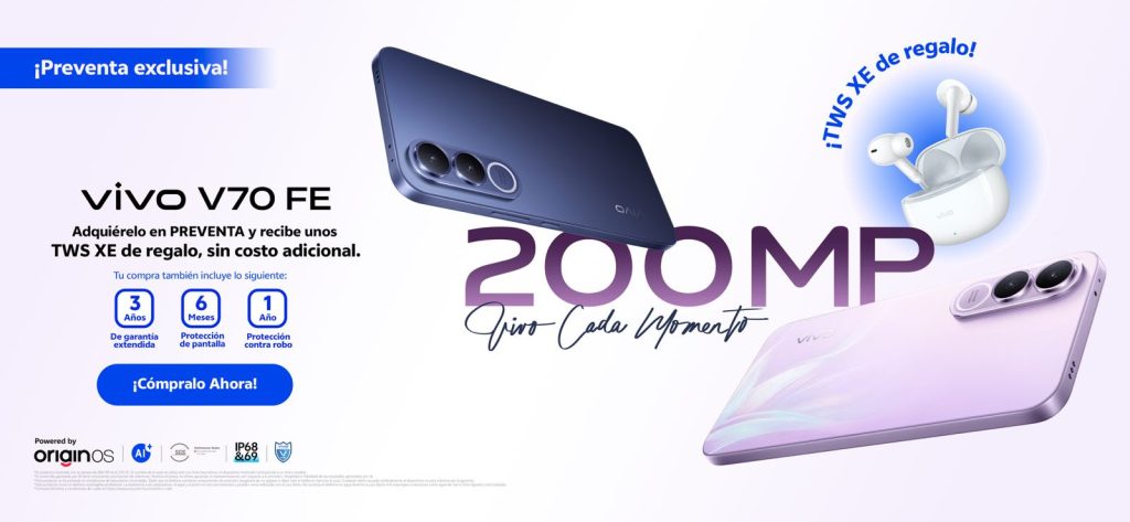 Una imagen publicitaria horizontal del smartphone vivo V70 FE de 256GB, mostrando su diseño en degradado verde y dorado, con el precio de $9,999 MXN, el regalo de los audífonos XE y los detalles de v.safe de garantía y seguro contra robo. El logo de 'TECNOLOGÍA' está arriba a la izquierda con un borde de neón magenta y cian.