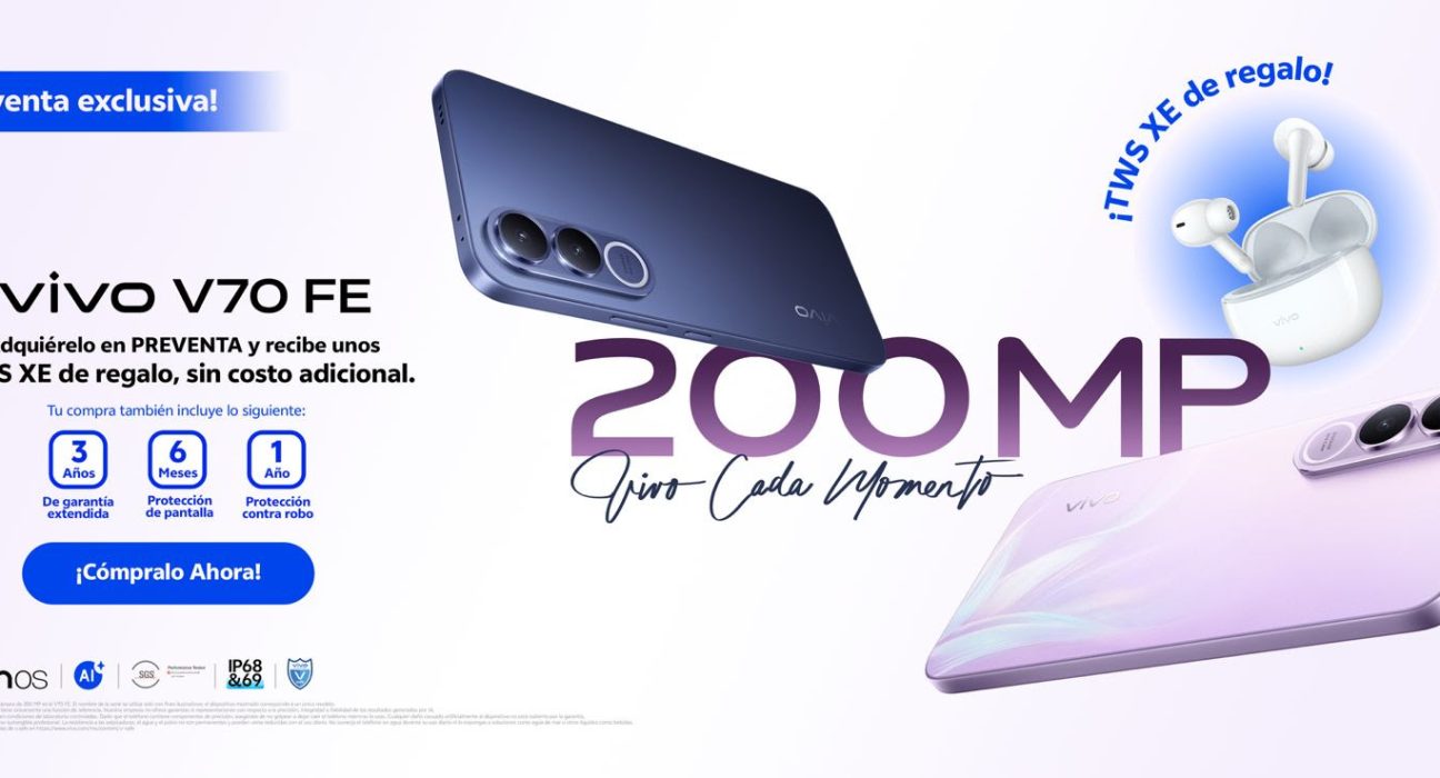 Una imagen publicitaria horizontal del smartphone vivo V70 FE de 256GB, mostrando su diseño en degradado verde y dorado, con el precio de $9,999 MXN, el regalo de los audífonos XE y los detalles de v.safe de garantía y seguro contra robo. El logo de 'TECNOLOGÍA' está arriba a la izquierda con un borde de neón magenta y cian.