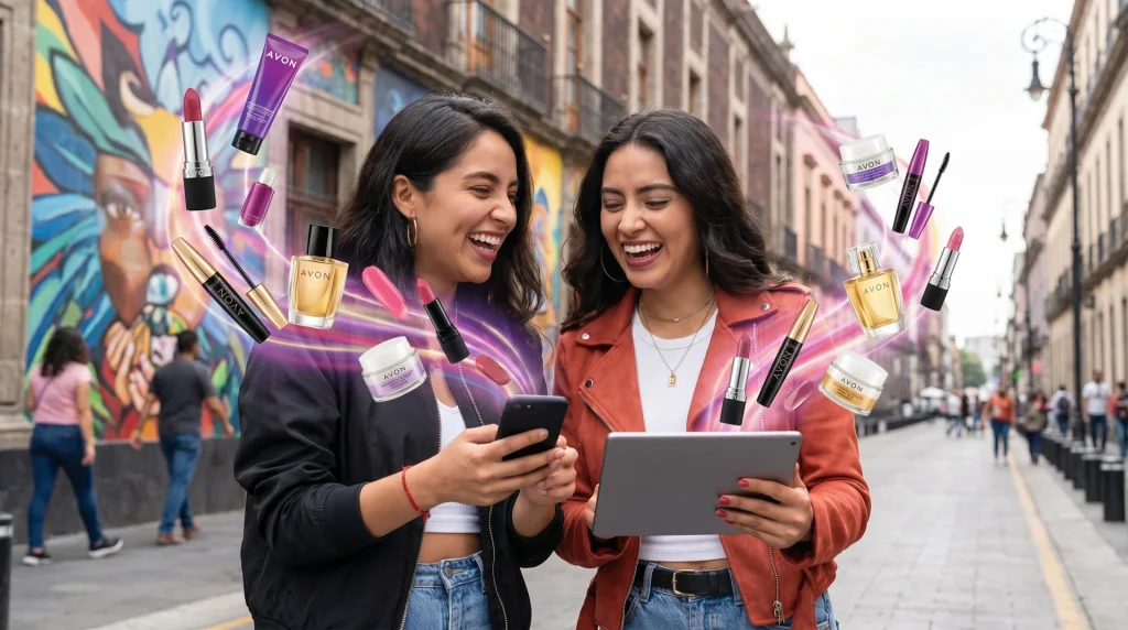 Mujeres emprendedoras usando smartphones y tablets con hologramas de redes sociales y gráficas de negocios.