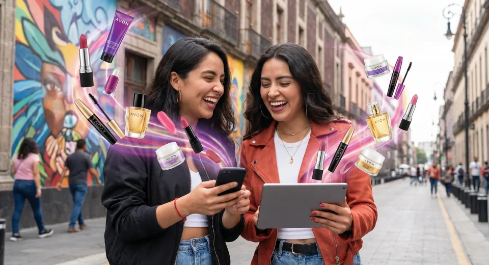 Mujeres emprendedoras usando smartphones y tablets con hologramas de redes sociales y gráficas de negocios.