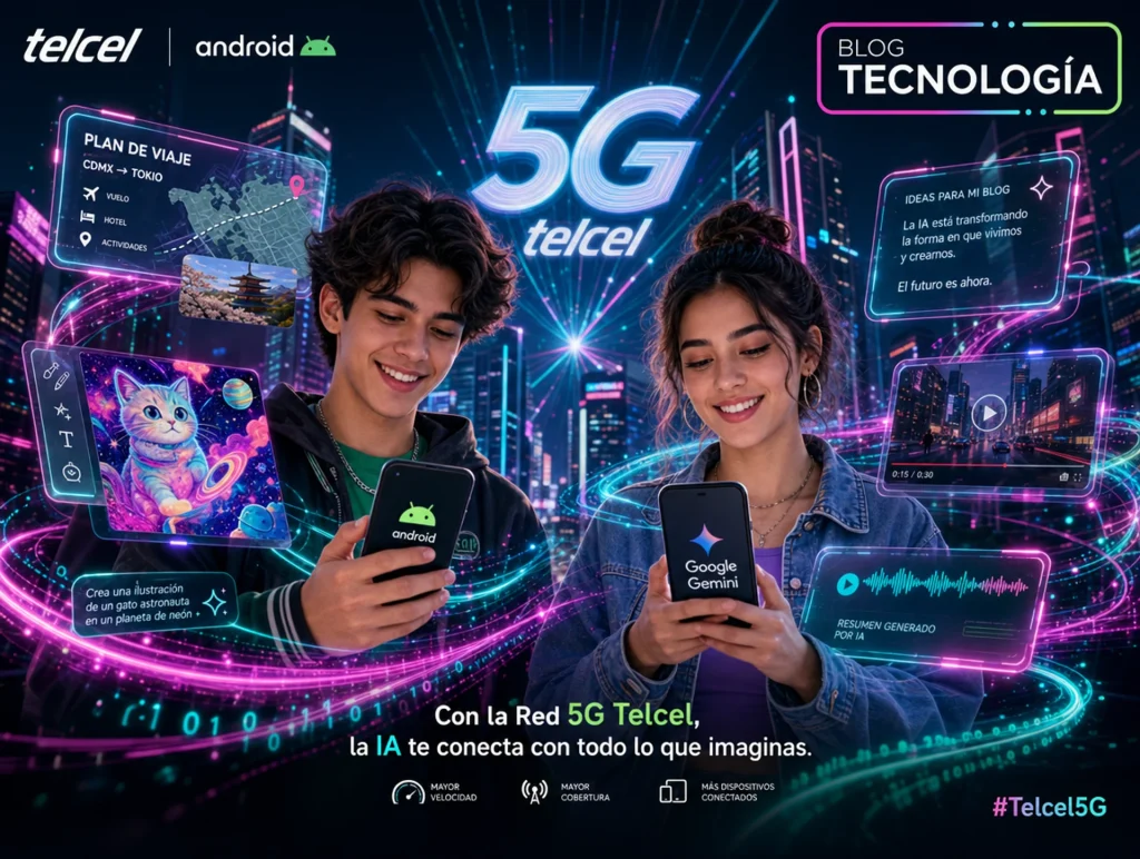 Personas interactuando con smartphones rodeados de visuales de IA y conectividad 5G.