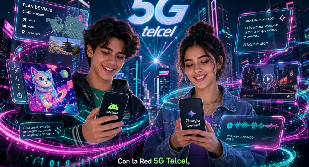Personas interactuando con smartphones rodeados de visuales de IA y conectividad 5G.
