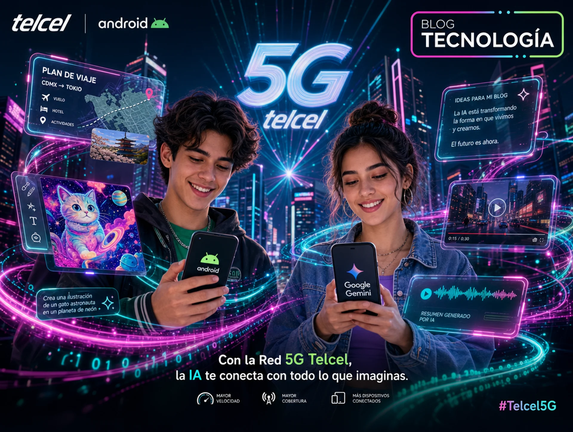 Personas interactuando con smartphones rodeados de visuales de IA y conectividad 5G.