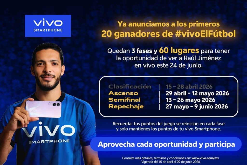 Smartphone vivo brillando junto a un balón de fútbol en un estadio iluminado con luces neón.