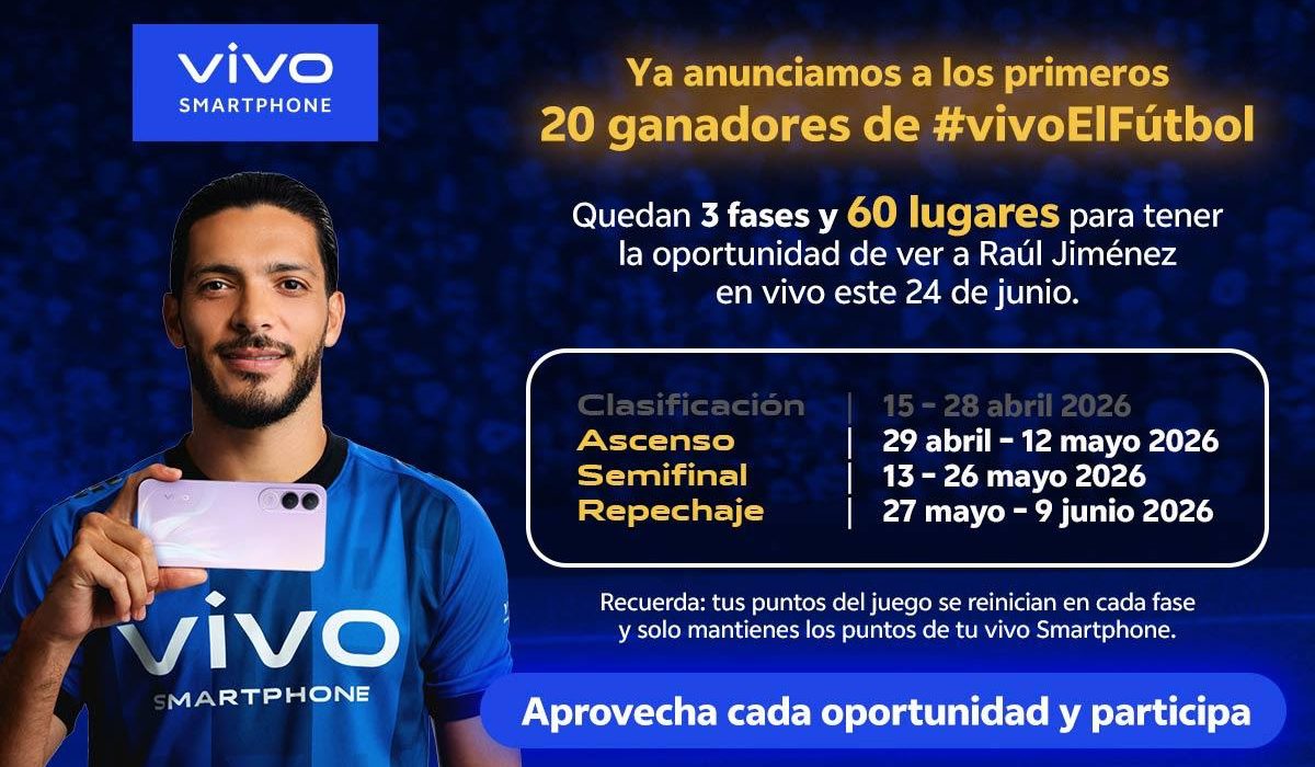 Smartphone vivo brillando junto a un balón de fútbol en un estadio iluminado con luces neón.