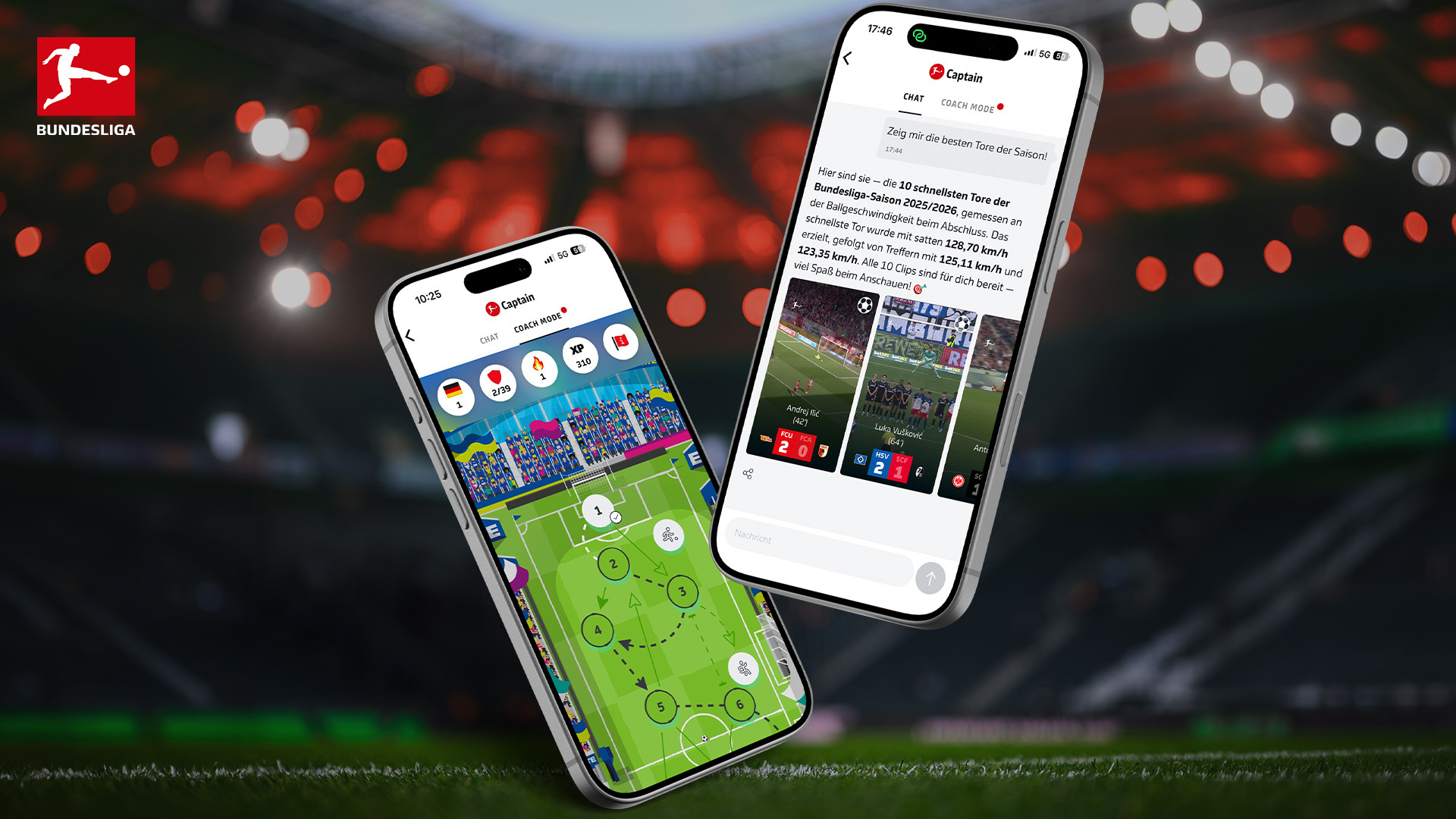 Smartphone mostrando la nueva inteligencia artificial Captain de la app de la Bundesliga con estadísticas y videos de futbol, sobre un fondo de un estadio iluminado con gráficos tecnológicos de AWS.