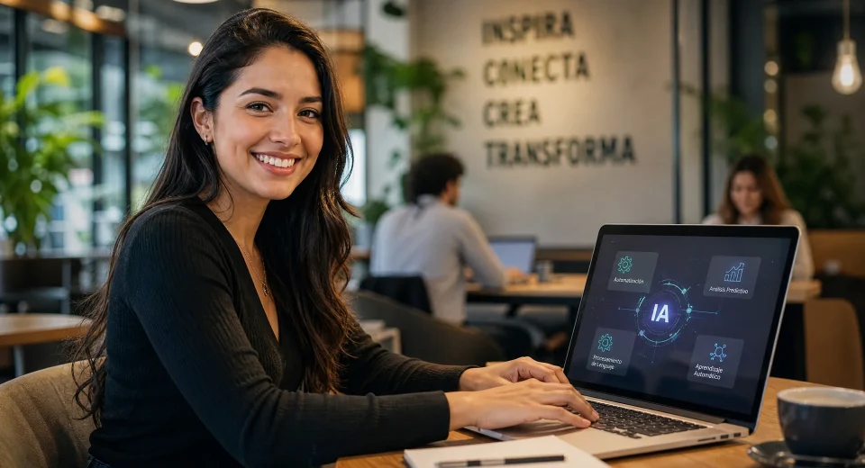 Mujer joven trabajando feliz en su computadora portátil, representando la inclusión de las mujeres en la economía digital.