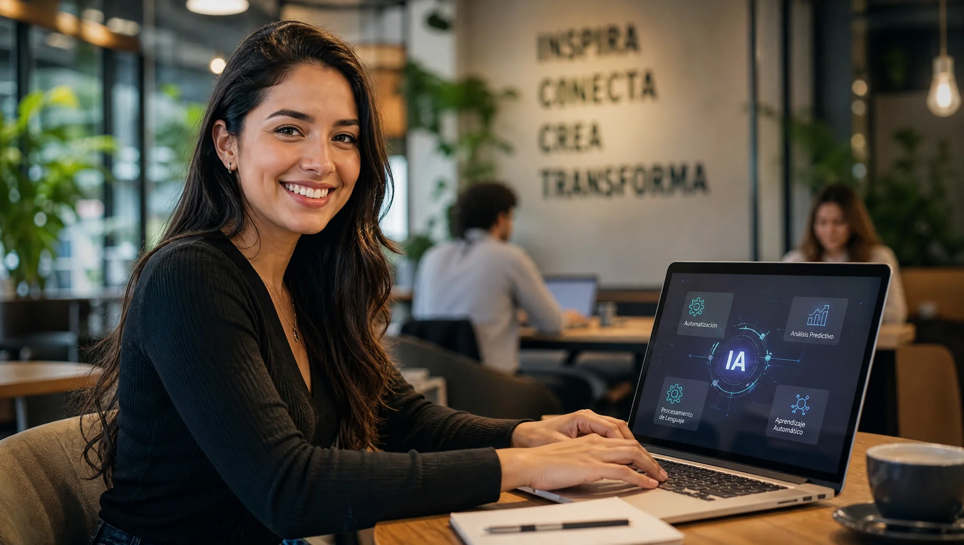 Mujer joven trabajando feliz en su computadora portátil, representando la inclusión de las mujeres en la economía digital.