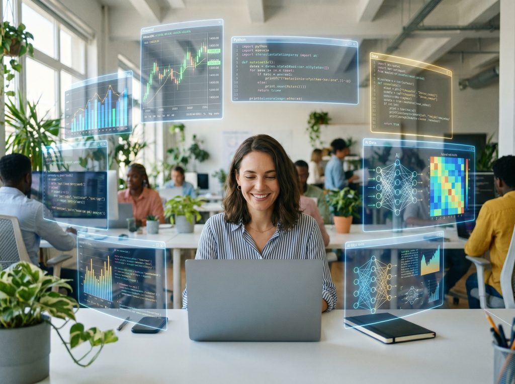 Mujer joven trabajando en una oficina moderna mirando su laptop, rodeada de pantallas holográficas flotantes que muestran gráficos financieros, código y datos de Inteligencia Artificial.