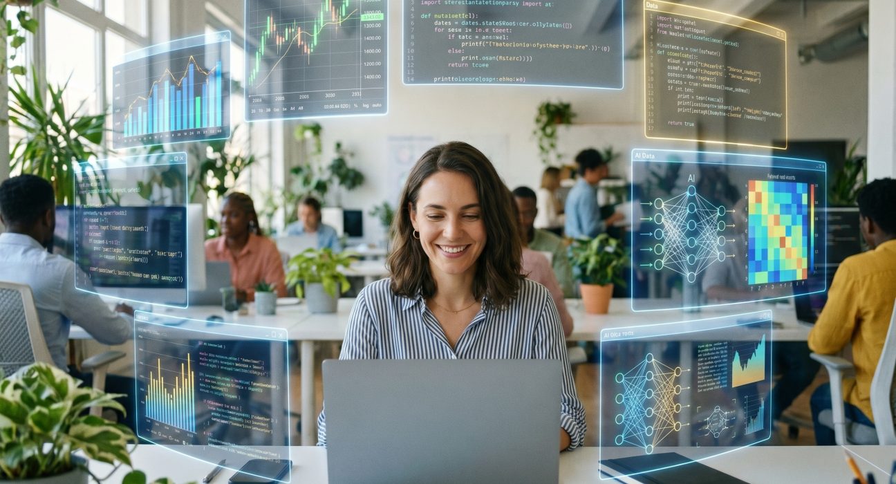 Mujer joven trabajando en una oficina moderna mirando su laptop, rodeada de pantallas holográficas flotantes que muestran gráficos financieros, código y datos de Inteligencia Artificial.