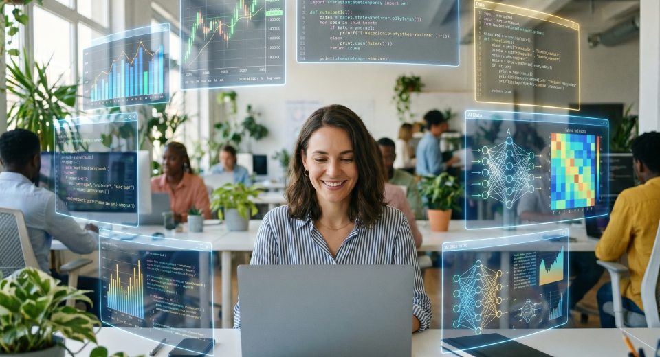 Mujer joven trabajando en una oficina moderna mirando su laptop, rodeada de pantallas holográficas flotantes que muestran gráficos financieros, código y datos de Inteligencia Artificial.