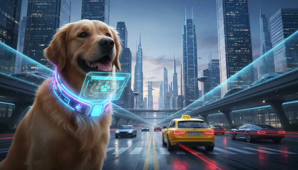 Un perro sonriente usando un collar tecnológico brillante e iluminado mientras un holograma de texto sale del dispositivo. De fondo, un paisaje urbano futurista con un robotaxi amarillo bloqueando el tráfico.