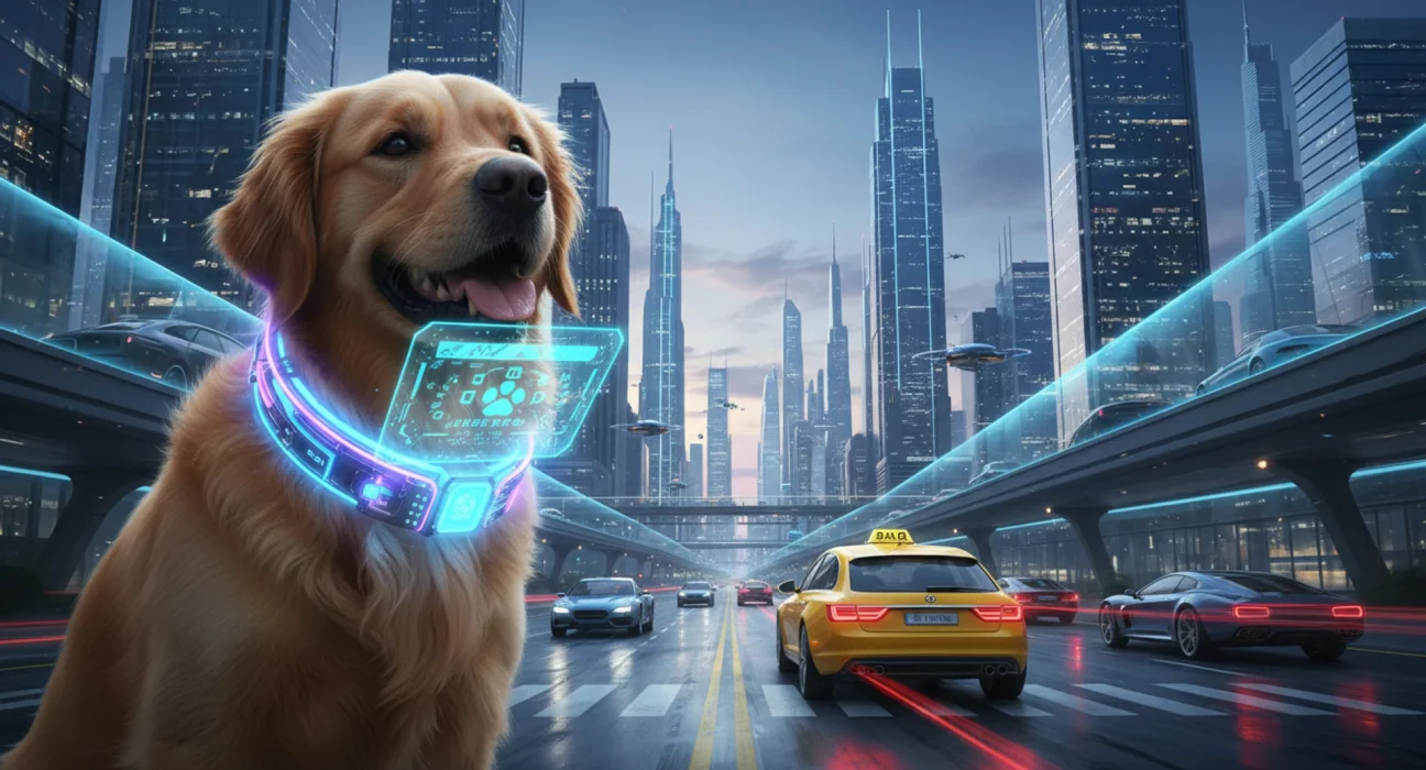Un perro sonriente usando un collar tecnológico brillante e iluminado mientras un holograma de texto sale del dispositivo. De fondo, un paisaje urbano futurista con un robotaxi amarillo bloqueando el tráfico.