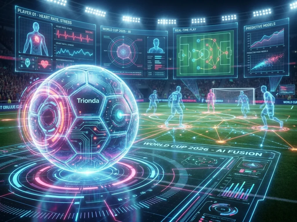 Balón de fútbol inteligente iluminado con líneas de datos y hologramas tácticos flotando sobre una cancha digital, representando la tecnología del Mundial 2026.