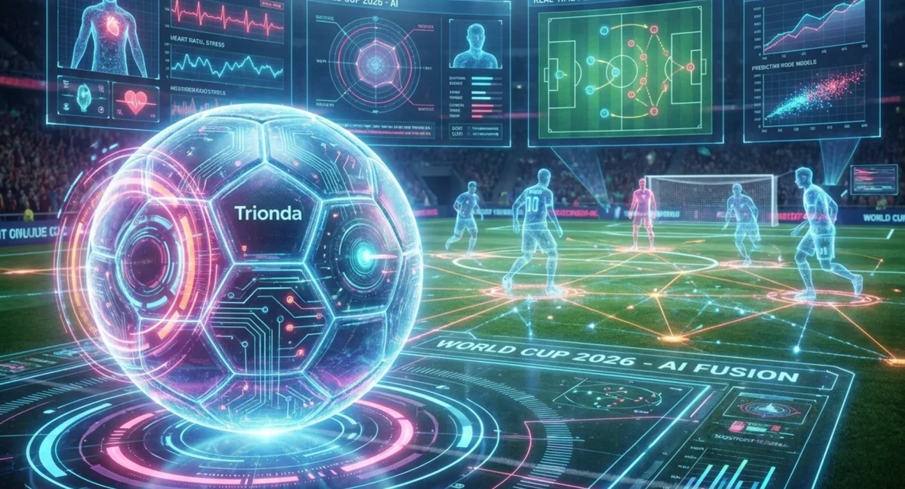 Balón de fútbol inteligente iluminado con líneas de datos y hologramas tácticos flotando sobre una cancha digital, representando la tecnología del Mundial 2026.